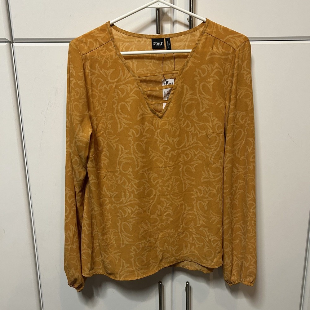 Cruel Denim Womens Mustard Yellow Scroll Print Strappy V-Neck Blouse CTW7301004